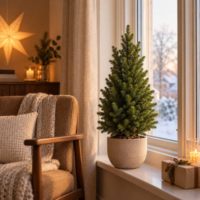 Kleine kerstboom Picea glauca Conica in een vensterbank.