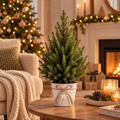Kleine kerstboom in een witte zinken pot op een houten salontafel naast kaarsen, met een open haard op de achtergrond.