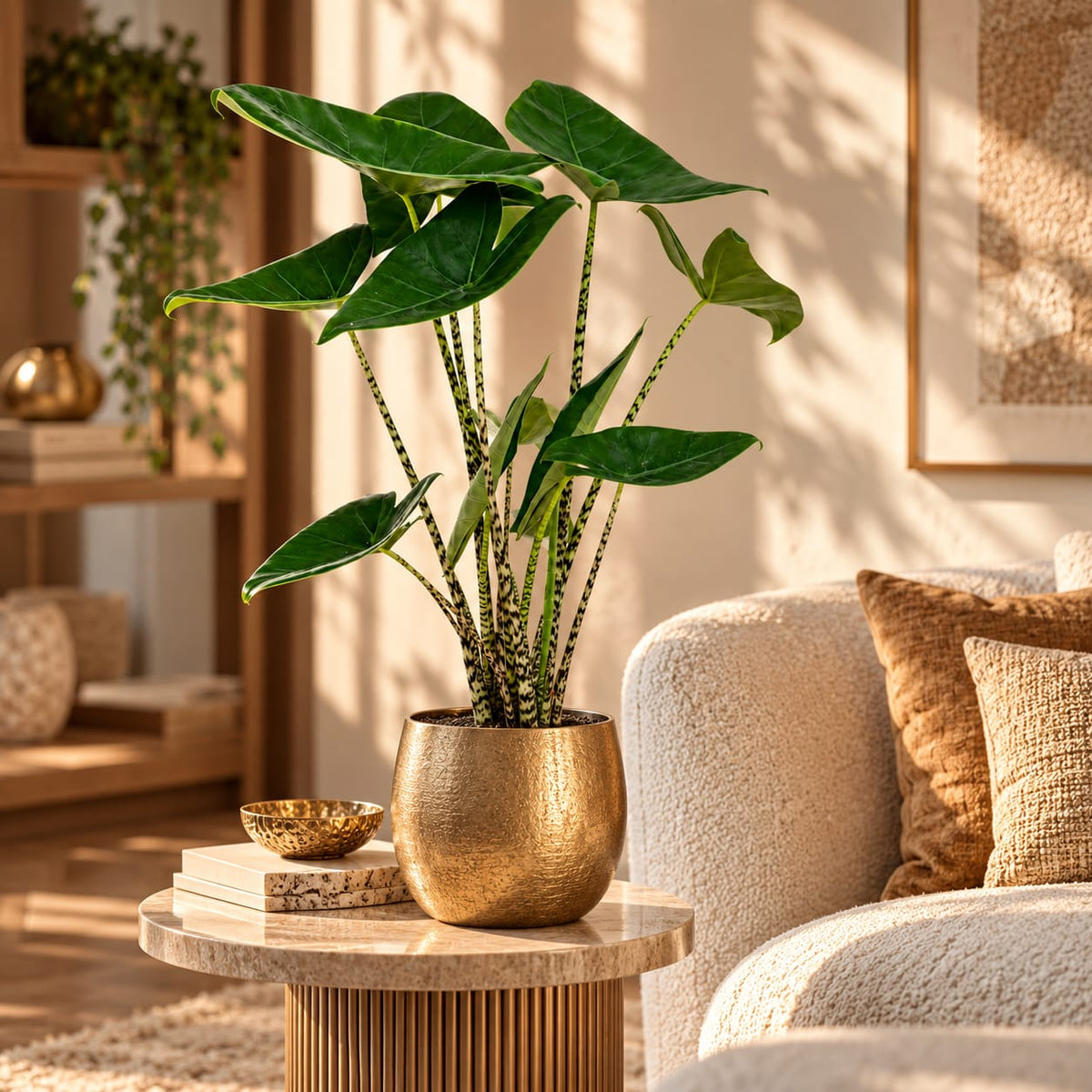 Alocasia Zebrina met grote groene bladeren en gestreepte stelen in een gouden sierpot