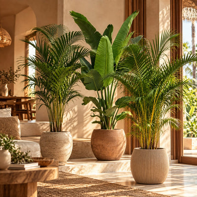 Kentia, Strelitzia Nicolai en Areca als groene combideal in een interieur.