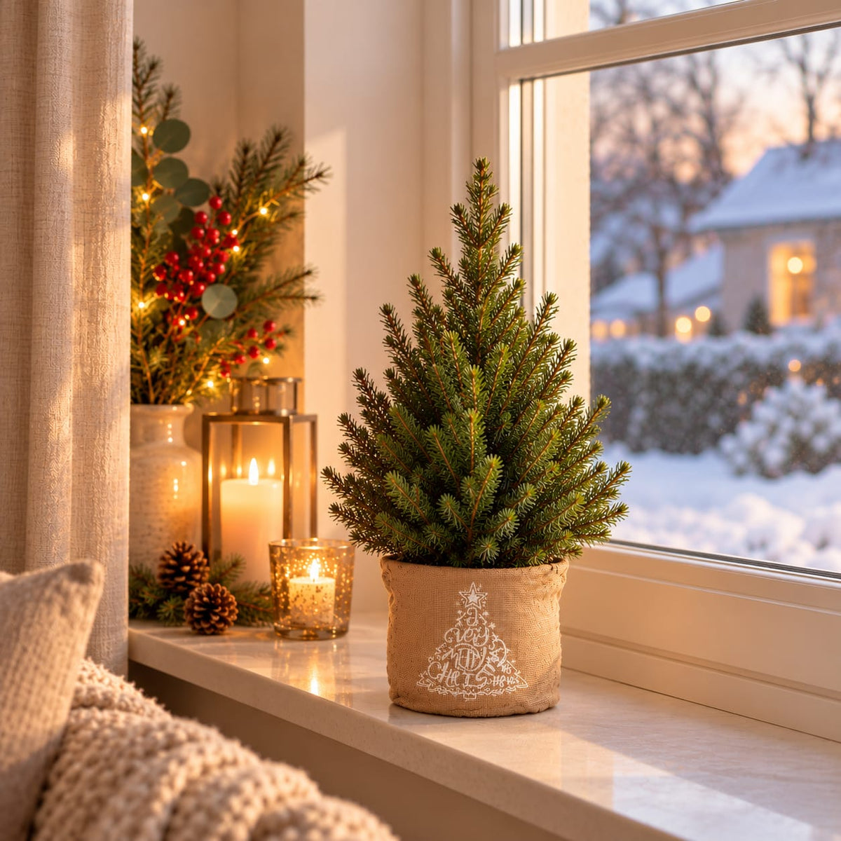 Kleine kerstboom Picea glauca Conica in een jute zak op de vensterbank naast brandende kaarsen, met een besneeuwde tuin op de achtergrond.