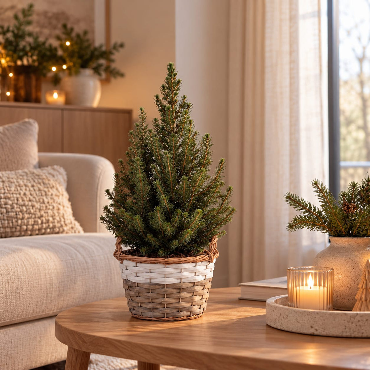 Kleine kerstboom in een gevlochten mand op een houten salontafel naast een brandende kaars.