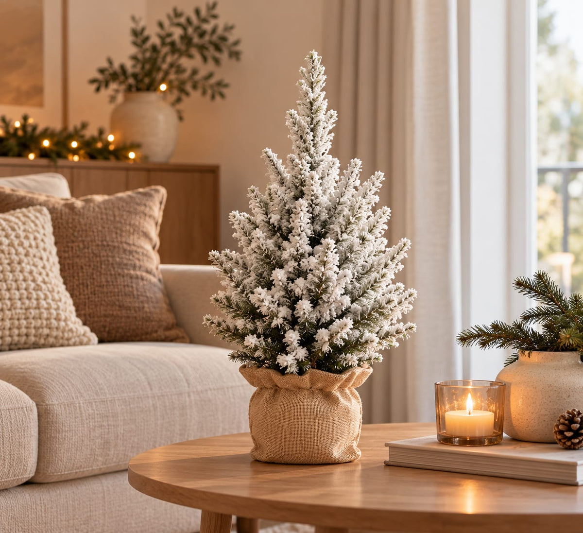 Kleine kerstboom met witte kunstsneeuw in een jute zak op een houten salontafel in een sfeervolle woonkamer.