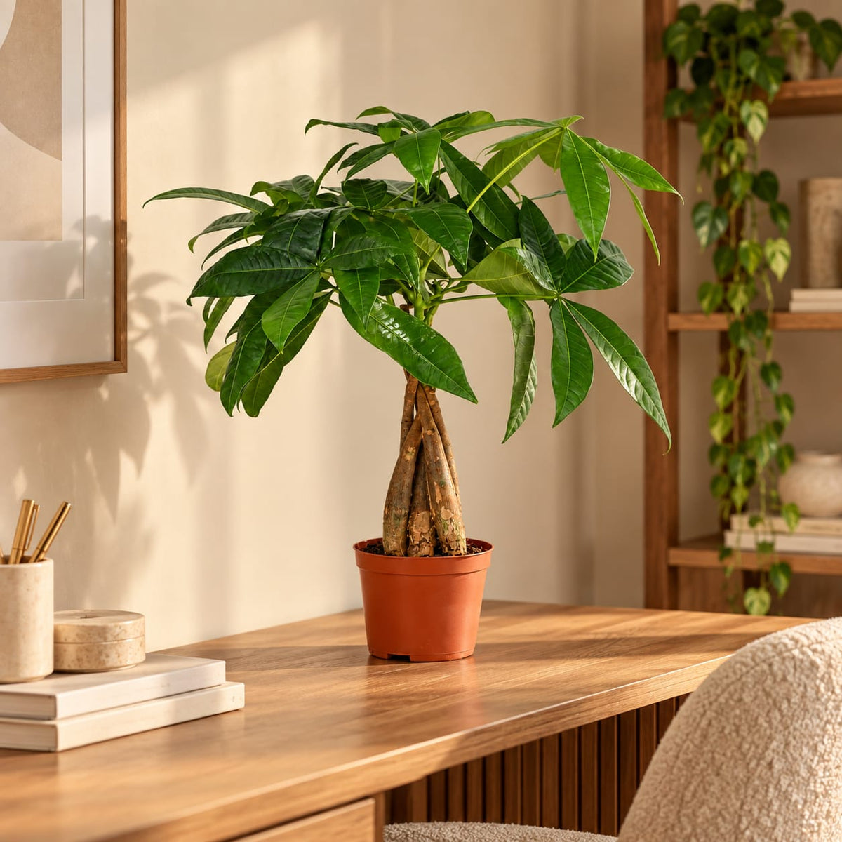Pachira Aquatica Geldboom kamerplant in sfeervolle woonkamer setting