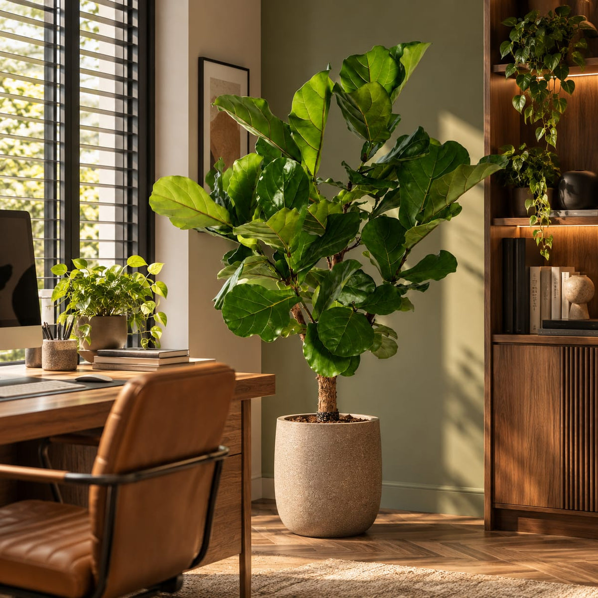 Vertakte Ficus Lyrata als groene blikvanger in een werkkamer. 