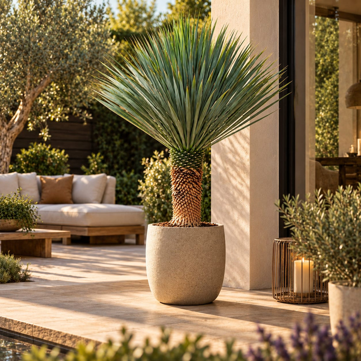 Yucca Rostrata van 150-170 cm met blauwgroene bladkroon als winterharde blikvanger in de tuin