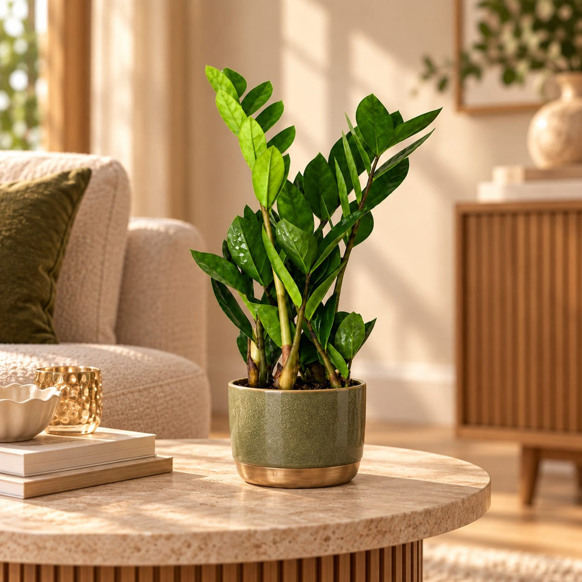 Zamioculcas Zamiifolia ZZ-plant kamerplant in sfeervolle woonkamer setting