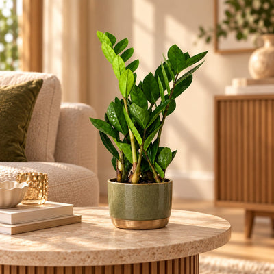 Zamioculcas Zamiifolia ZZ-plant kamerplant in sfeervolle woonkamer setting